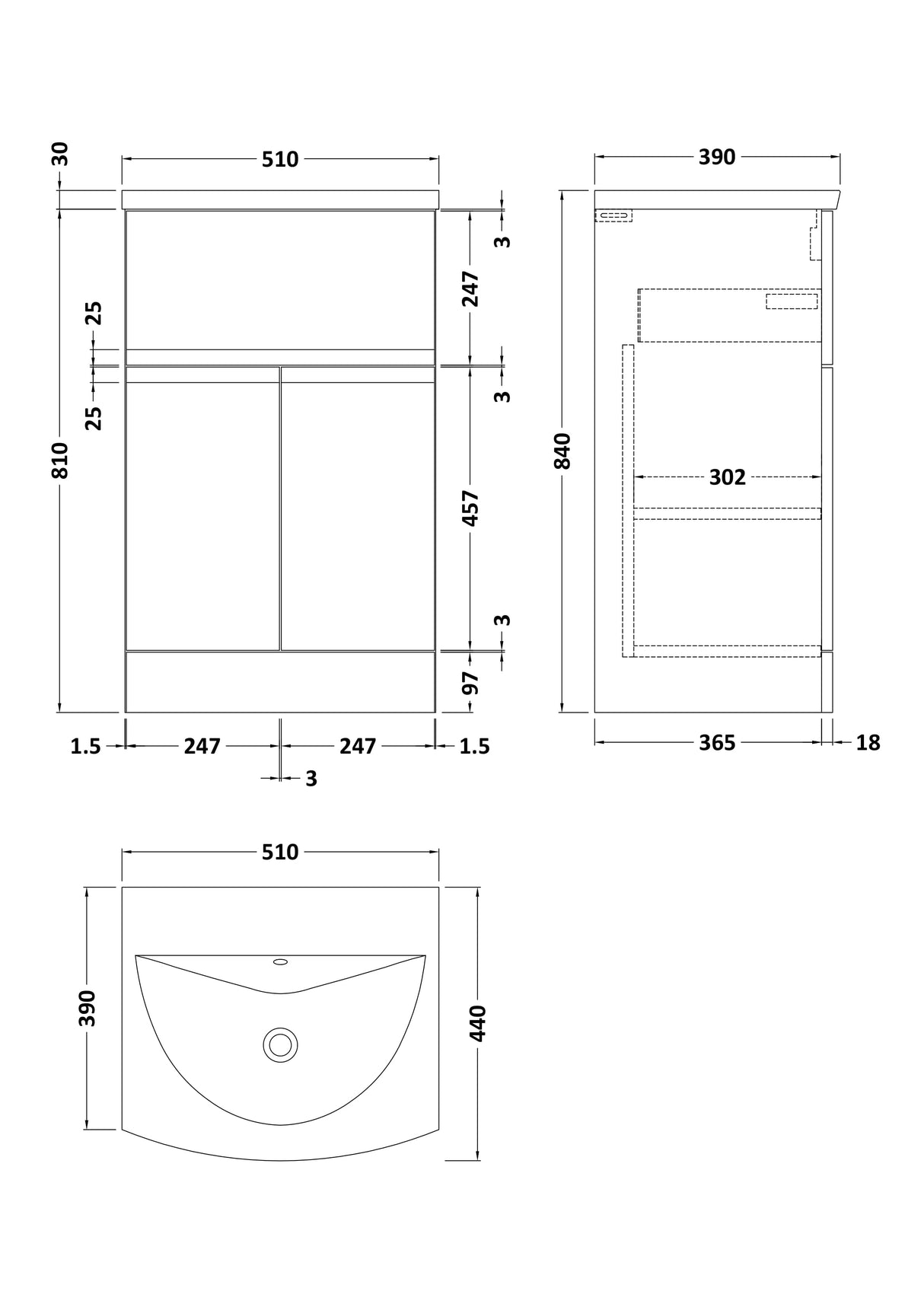 [BFRA201G] Mavesyn Contemporary 2 Door 1 Drawer Floor Standing Vanity Unit with Curved Basin - Choice of Size and Colour - Technical Drawing