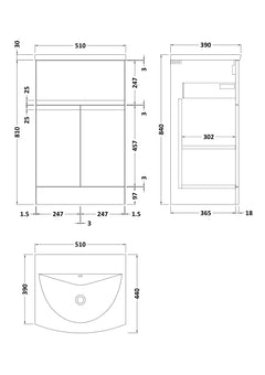 [BFRA201G] Mavesyn Contemporary 2 Door 1 Drawer Floor Standing Vanity Unit with Curved Basin - Choice of Size and Colour - Technical Drawing