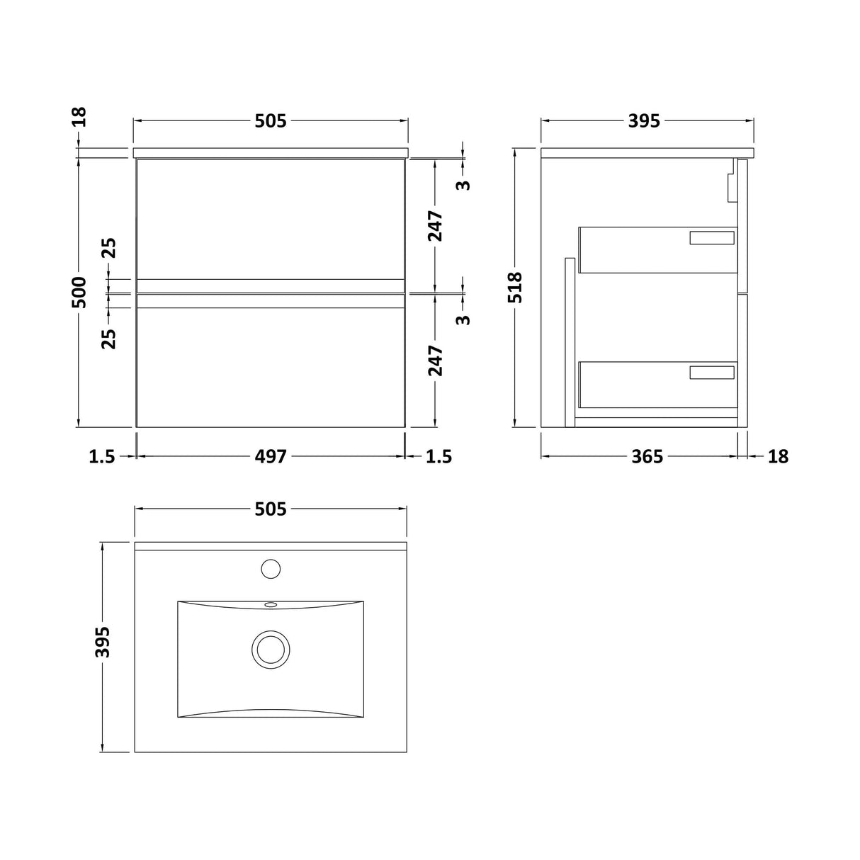 [BFRA202B] Mavesyn Contemporary 2 Drawer Wall Hung Vanity Unit with Minimalist Basin, Satin Grey, 500mm - Technical Drawing