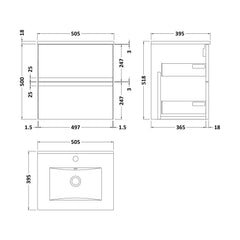 [BFRA202B] Mavesyn Contemporary 2 Drawer Wall Hung Vanity Unit with Minimalist Basin, Satin Grey, 500mm - Technical Drawing