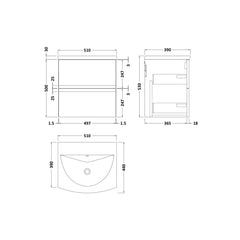[BFRA202G] Mavesyn Contemporary 2 Drawer Wall Hung Vanity Unit with Curved Basin - Choice of Size and Colour - Technical Drawing