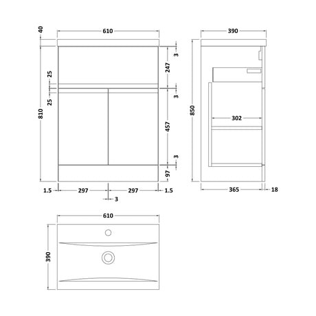 [BFRA203A] Mavesyn Contemporary 2 Door 1 Drawer Floor Standing Vanity Unit with Mid-Edge Basin, Satin Grey, 600mm - Technical Drawing