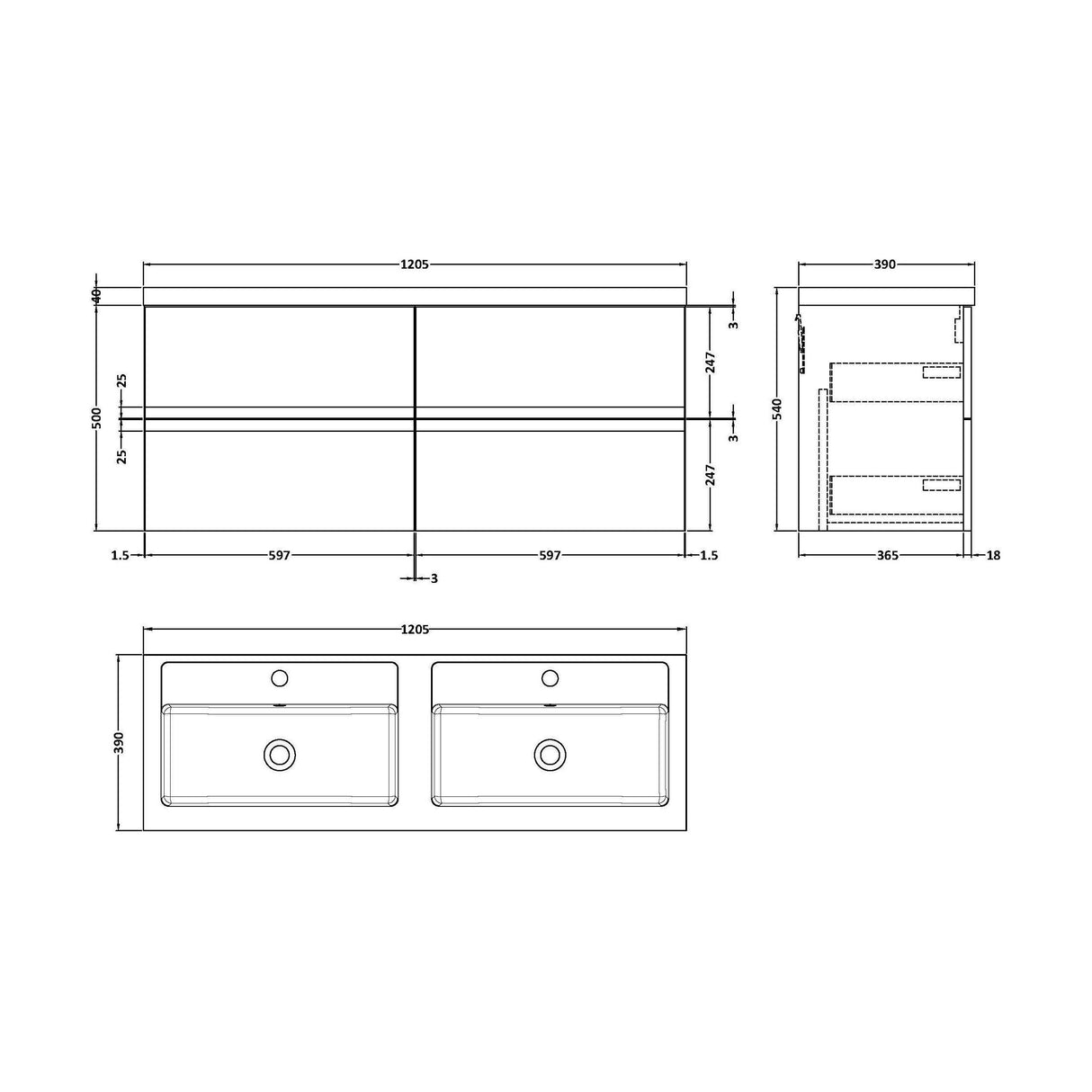 [BFRA204C] Mavesyn Contemporary 4 Drawer Wall Hung Vanity Unit with Basin, Satin Grey, 1200mm - Technical Drawing