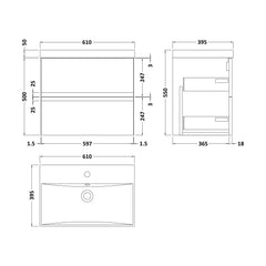 [BFRA204D] Mavesyn Contemporary 2 Drawer Wall Hung Vanity Unit with Thin Edge Basin - Choice of Size and Colour - Technical Drawing