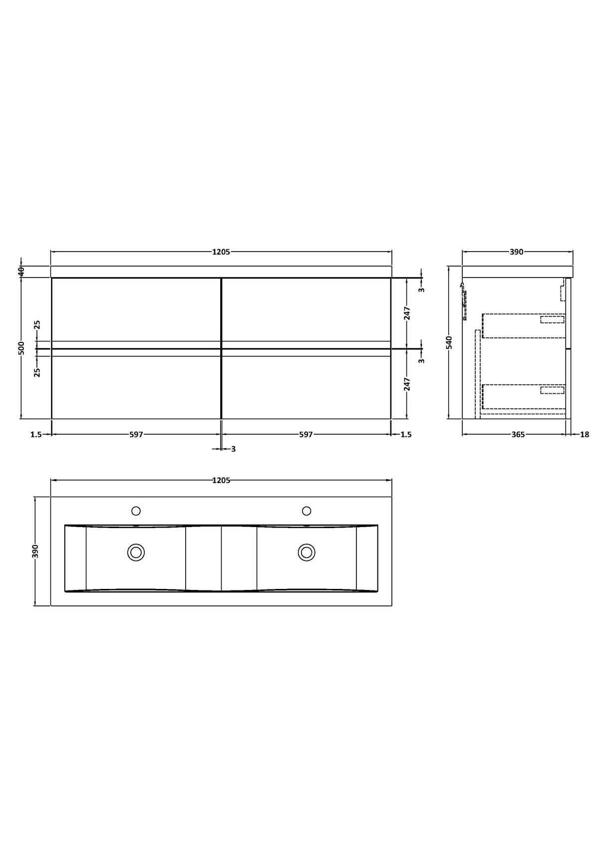 [BFRA204F] Mavesyn Contemporary 4 Drawer Wall Hung Vanity Unit with Basin - Choice of Colour - Technical Drawing