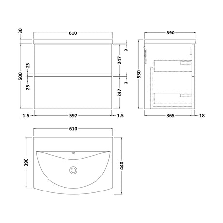 [BFRA204G] Mavesyn Contemporary 2 Drawer Wall Hung Vanity Unit with Curved Basin, Satin Grey, 600mm - Technical Drawing
