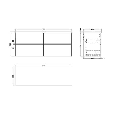[BFRA204LBG2] Mavesyn Contemporary 4 Drawer Wall Hung Vanity Unit with Laminate Worktop, Satin Grey, 1200mm - Technical Drawing