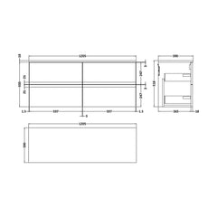 [BFRA204W2] Mavesyn Contemporary 4 Drawer Wall Hung Vanity Unit with Worktop, Satin Grey, 1200mm - Technical Drawing