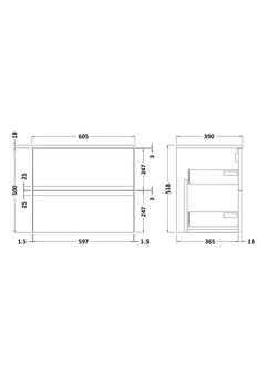 [BFRA204W] Mavesyn Contemporary 2 Drawer Wall Hung Vanity Unit with Worktop - Choice of Size and Colour - Technical Drawing