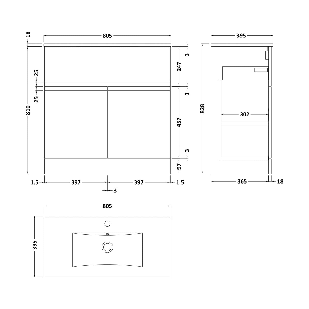 [BFRA205B] Mavesyn Contemporary 2 Door 1 Drawer Floor Standing Vanity Unit with Minimalist Basin, Satin Grey, 800mm - Technical Drawing