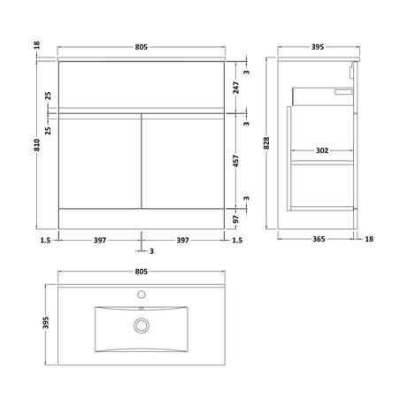 [BFRA205B] Mavesyn Contemporary 2 Door 1 Drawer Floor Standing Vanity Unit with Minimalist Basin, Satin Grey, 800mm - Technical Drawing