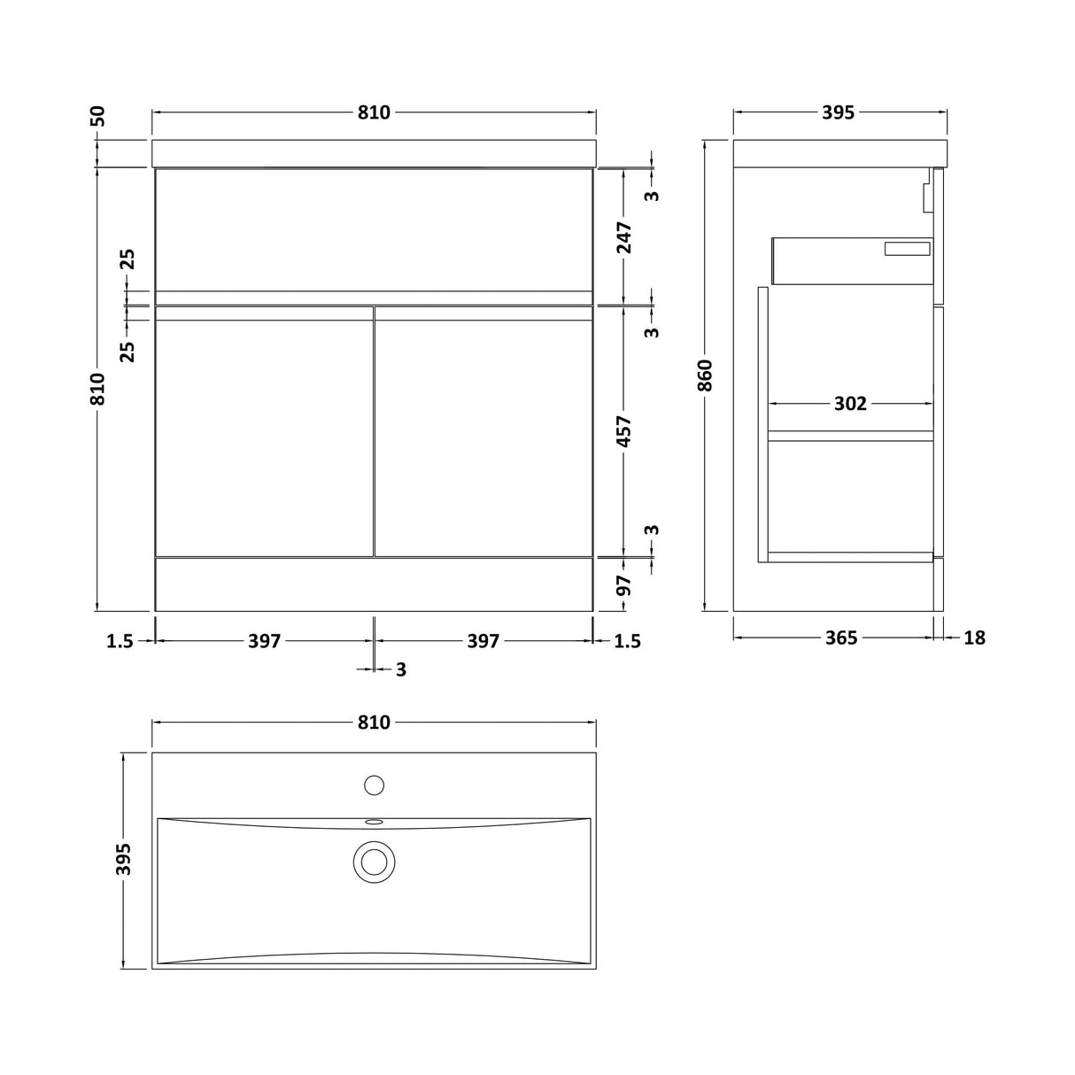 [BFRA205D] Mavesyn Contemporary 2 Door 1 Drawer Floor Standing Vanity Unit with Thin Edge Basin, Satin Grey, 800mm - Technical Drawing
