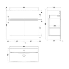 [BFRA205D] Mavesyn Contemporary 2 Door 1 Drawer Floor Standing Vanity Unit with Thin Edge Basin, Satin Grey, 800mm - Technical Drawing