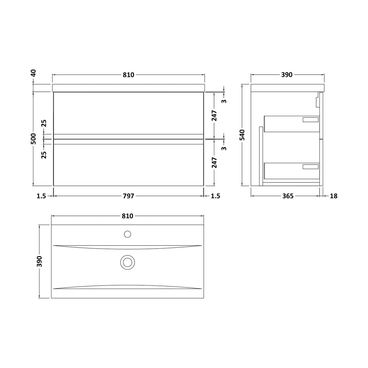 [BFRA206A] Mavesyn Contemporary 2 Drawer Wall Hung Vanity Unit with Mid-Edge Basin, Satin Grey, 800mm - Technical Drawing