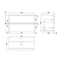 [BFRA206A] Mavesyn Contemporary 2 Drawer Wall Hung Vanity Unit with Mid-Edge Basin, Satin Grey, 800mm - Technical Drawing
