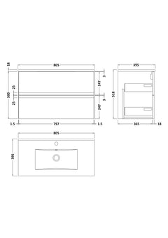 [BFRA206B] Mavesyn Contemporary 2 Drawer Wall Hung Vanity Unit with Minimalist Basin - Choice of Size and Colour - Technical Drawing