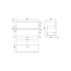 [BFRA206D] Mavesyn Contemporary 2 Drawer Wall Hung Vanity Unit with Thin Edge Basin - Choice of Size and Colour - Technical Drawing