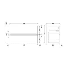 [BFRA206LBG] Mavesyn Contemporary 2 Drawer Wall Hung Vanity Unit with Laminate Worktop, Satin Grey, 805mm - Technical Drawing