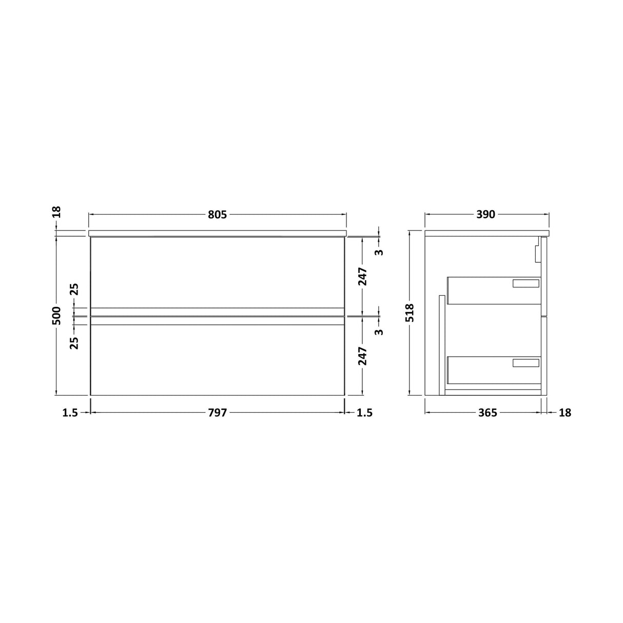 [BFRA206W] Mavesyn Contemporary 2 Drawer Wall Hung Vanity Unit with Worktop, Satin Grey, 800mm - Technical Drawing
