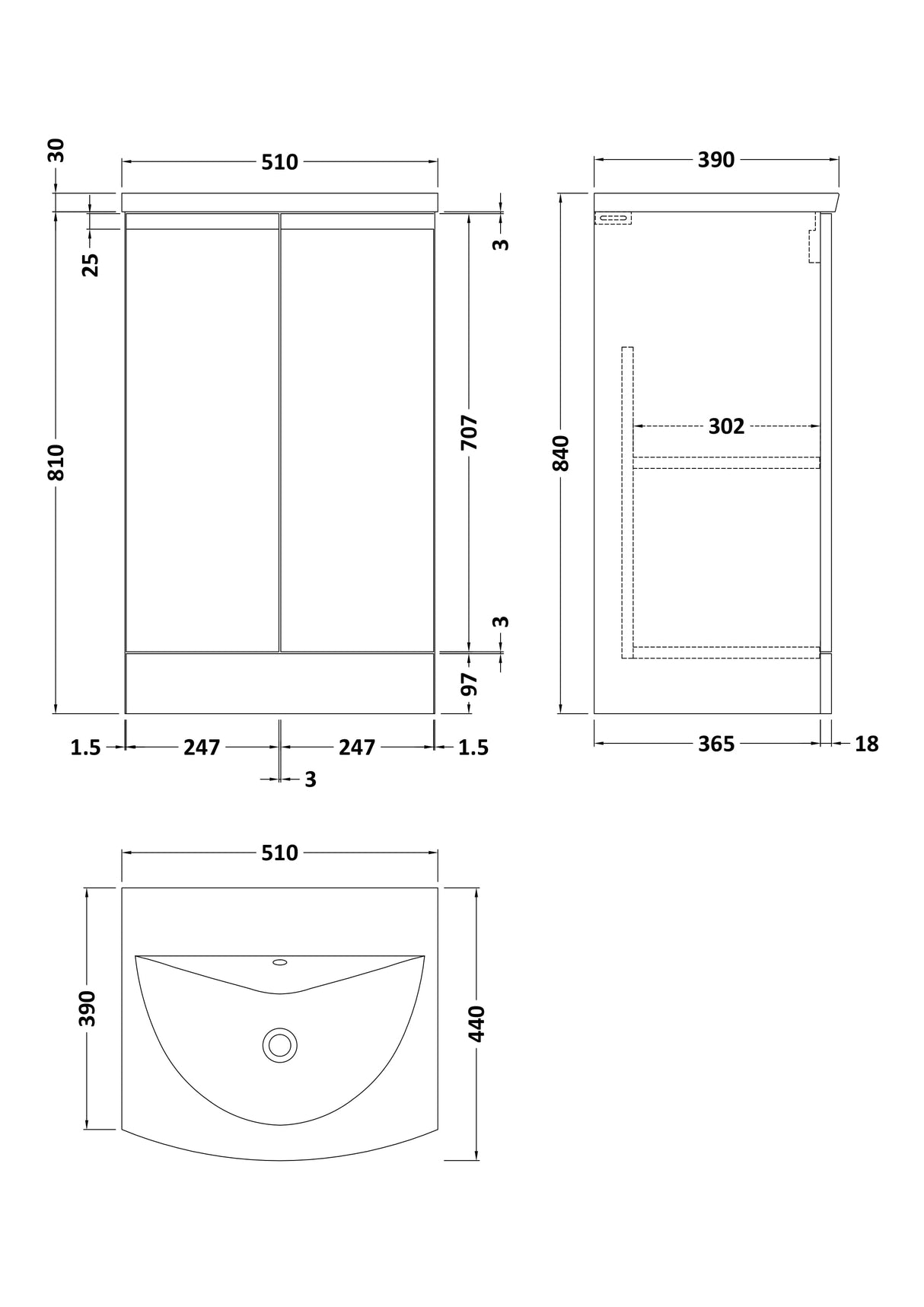 [BFRA207G] Mavesyn Contemporary 2 Door Floor Standing Vanity Unit with Curved Basin - Choice of Size and Colour - Technical Drawing