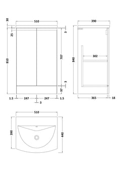 [BFRA207G] Mavesyn Contemporary 2 Door Floor Standing Vanity Unit with Curved Basin - Choice of Size and Colour - Technical Drawing
