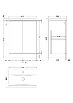 [BFRA208A] Mavesyn Contemporary 2 Door Floor Standing Vanity Unit with Mid-Edge Basin - Choice of Size and Colour - Technical Drawing