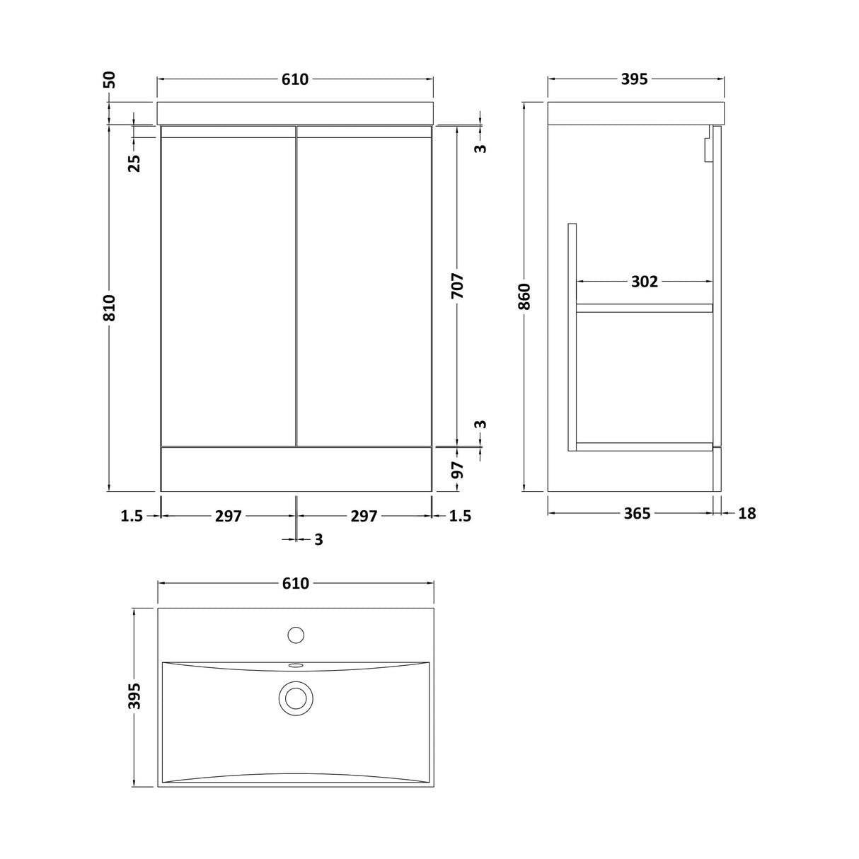 [BFRA208D] Mavesyn Contemporary 2 Door Floor Standing Vanity Unit with Thin Edge Basin, Satin Grey, 600mm - Technical Drawing