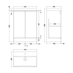 [BFRA208D] Mavesyn Contemporary 2 Door Floor Standing Vanity Unit with Thin Edge Basin, Satin Grey, 600mm - Technical Drawing