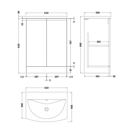 [BFRA208G] Mavesyn Contemporary 2 Door Floor Standing Vanity Unit with Curved Basin, Satin Grey, 600mm - Technical Drawing