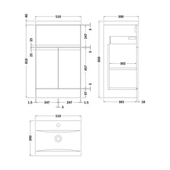 [BFRA301A] Rapture Floor Standing Vanity Basin Unit with Mid-Edge Ceramic Basin (Tap Not Included), 500mm - Satin Blue - Balterley - Technical Drawing