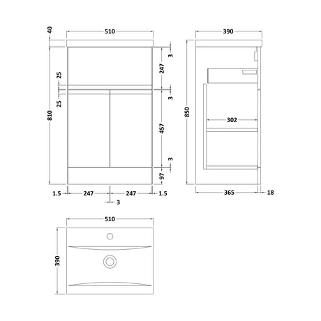 [BFRA301A] Rapture Floor Standing Vanity Basin Unit with Mid-Edge Ceramic Basin (Tap Not Included), 500mm - Satin Blue - Balterley - Technical Drawing