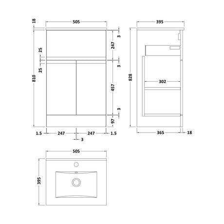 [BFRA301B] Rapture Floor Standing Vanity Basin Unit with Minimalist Ceramic Basin (Tap Not Included), 500mm - Satin Blue - Balterley - Technical Drawing