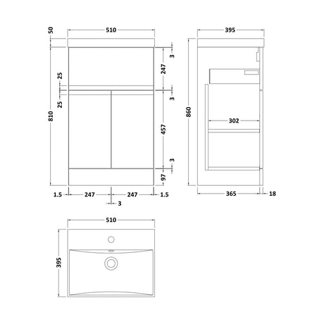 [BFRA301D] Rapture Floor Standing Vanity Basin Unit with Thin-Edge Ceramic Basin (Tap Not Included), 500mm - Satin Blue - Balterley - Technical Drawing
