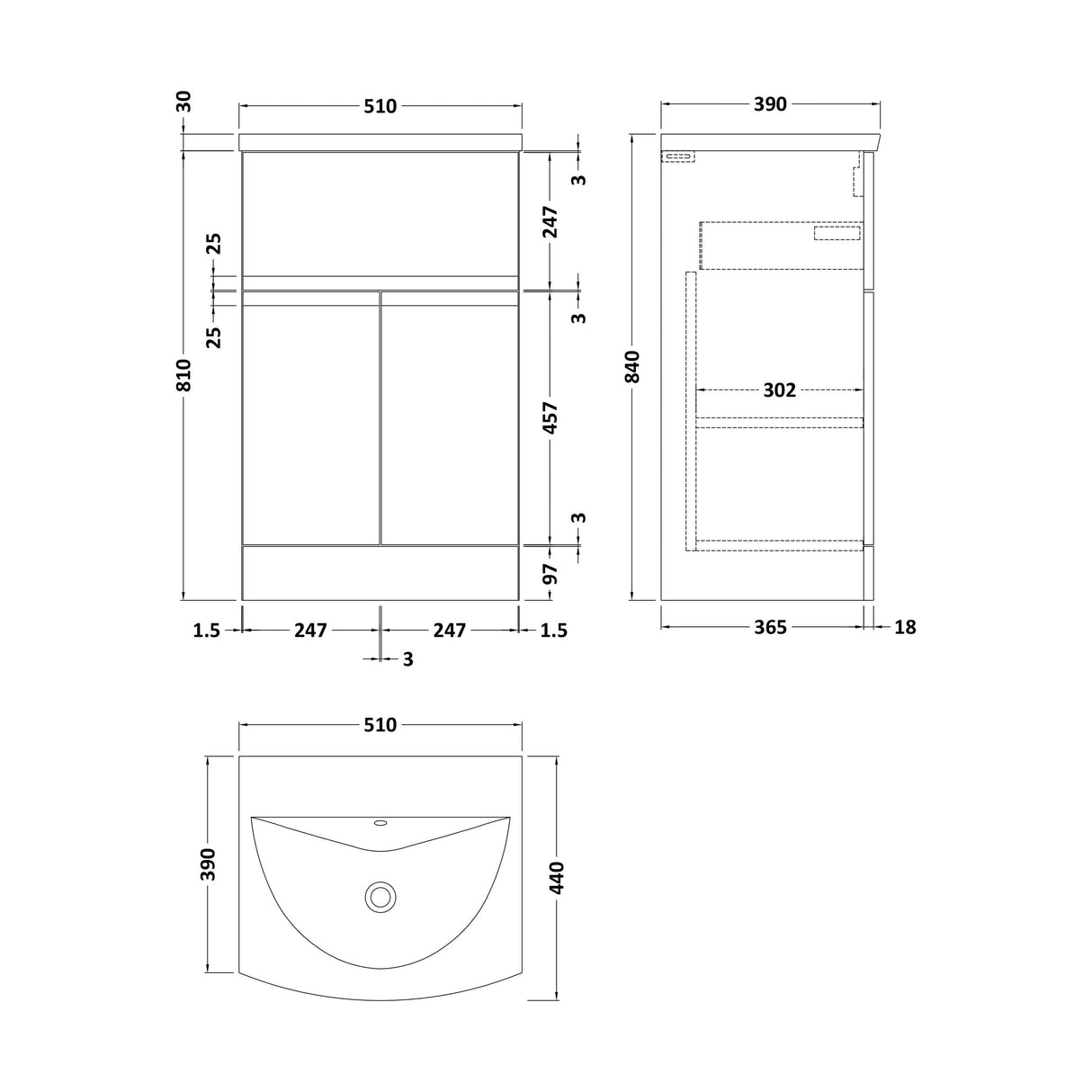 [BFRA301G] Rapture Floor Standing Vanity Basin Unit with Curved Ceramic Basin (Tap Not Included), 500mm - Satin Blue - Balterley - Technical Drawing