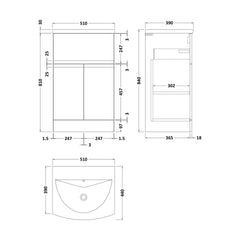 [BFRA301G] Rapture Floor Standing Vanity Basin Unit with Curved Ceramic Basin (Tap Not Included), 500mm - Satin Blue - Balterley - Technical Drawing