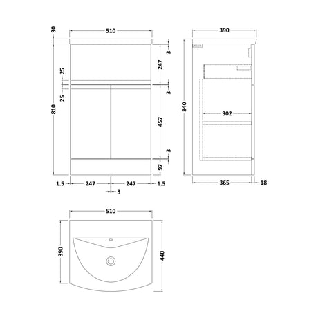 [BFRA301G] Rapture Floor Standing Vanity Basin Unit with Curved Ceramic Basin (Tap Not Included), 500mm - Satin Blue - Balterley - Technical Drawing