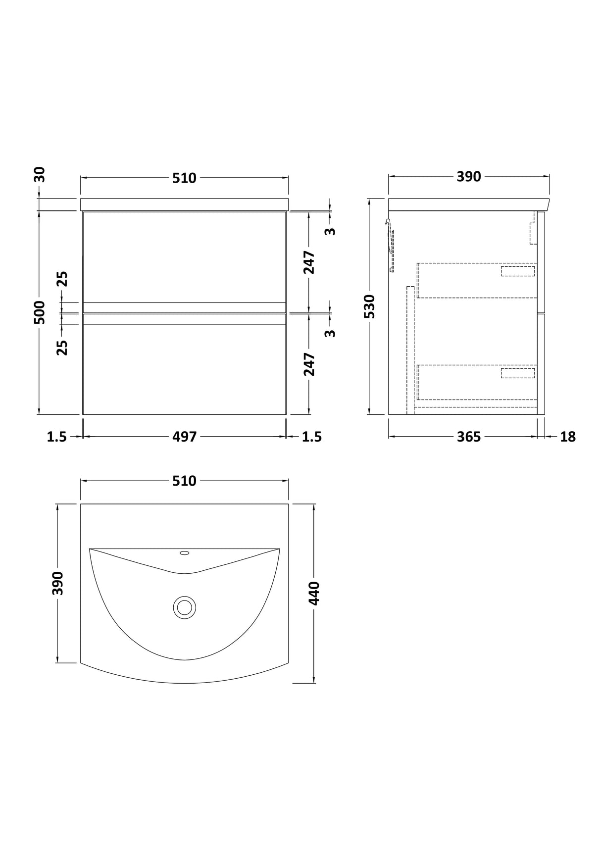 [BFRA302G] Mavesyn Contemporary 2 Drawer Wall Hung Vanity Unit with Curved Basin - Choice of Size and Colour - Technical Drawing