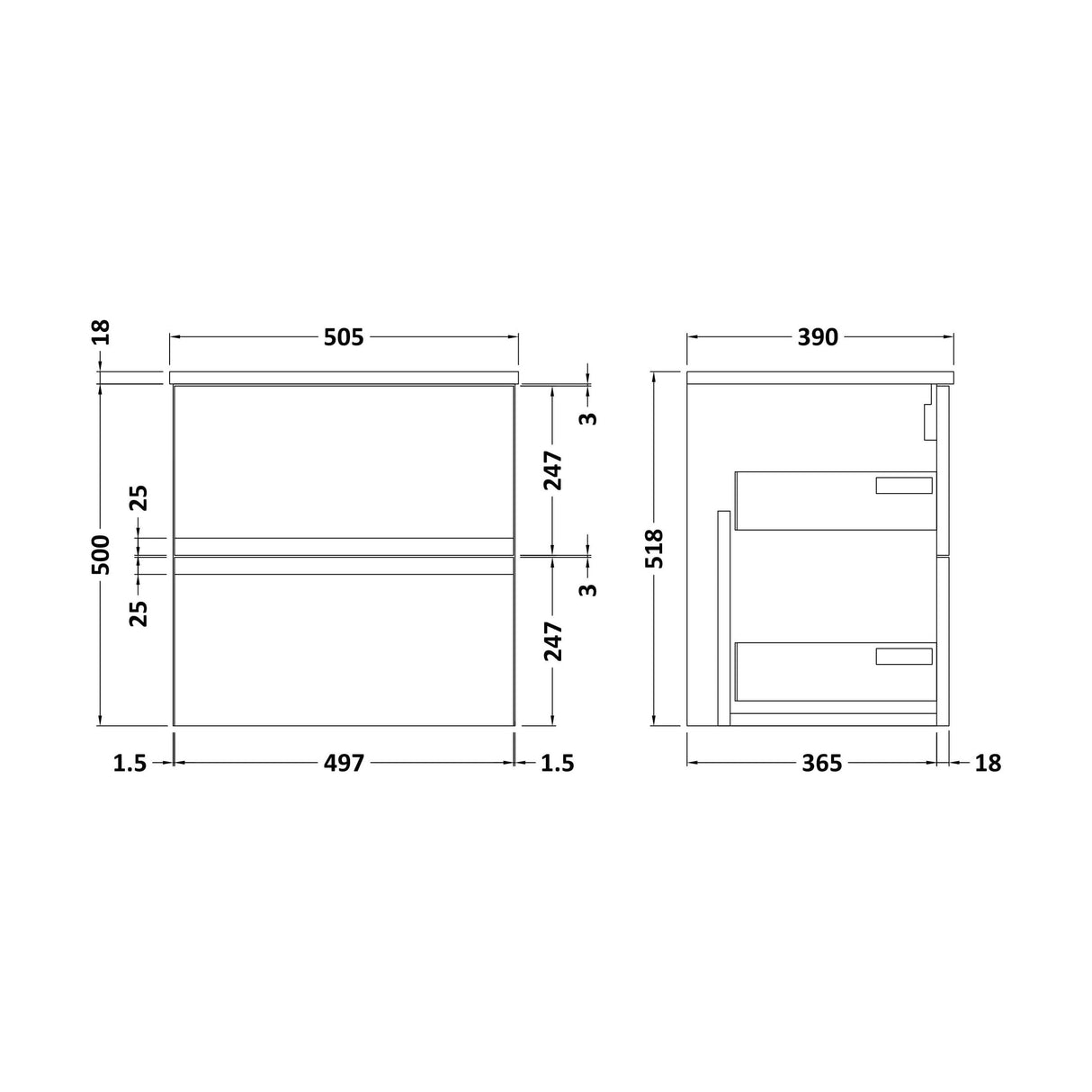 [BFRA302W] Mavesyn Contemporary 2 Drawer Wall Hung Vanity Unit with Worktop - Choice of Size and Colour - Technical Drawing