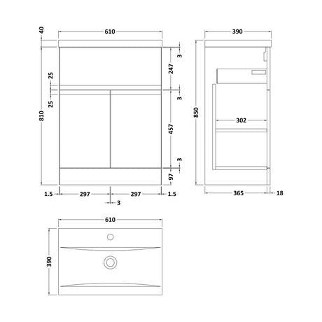 [BFRA303A] Mavesyn Contemporary 2 Door 1 Drawer Floor Standing Vanity Unit with Mid-Edge Basin, Dark Blue, 600mm - Technical Drawing