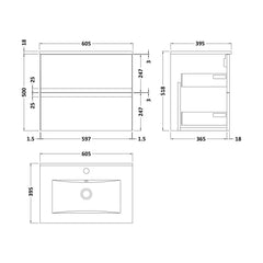 [BFRA304B] Mavesyn Contemporary 2 Drawer Wall Hung Vanity Unit with Minimalist Basin, Dark Blue, 600mm - Technical Drawing