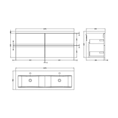 [BFRA304F] Mavesyn Contemporary 4 Drawer Wall Hung Vanity Unit with Basin, Dark Blue, 1200mm - Technical Drawing
