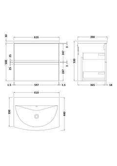 [BFRA304G] Mavesyn Contemporary 2 Drawer Wall Hung Vanity Unit with Curved Basin - Choice of Size and Colour - Technical Drawing