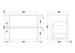 [BFRA304LBG] Mavesyn Contemporary 2 Drawer Wall Hung Vanity Unit with Laminate Worktop - Choice of Size and Colour - Technical Drawing