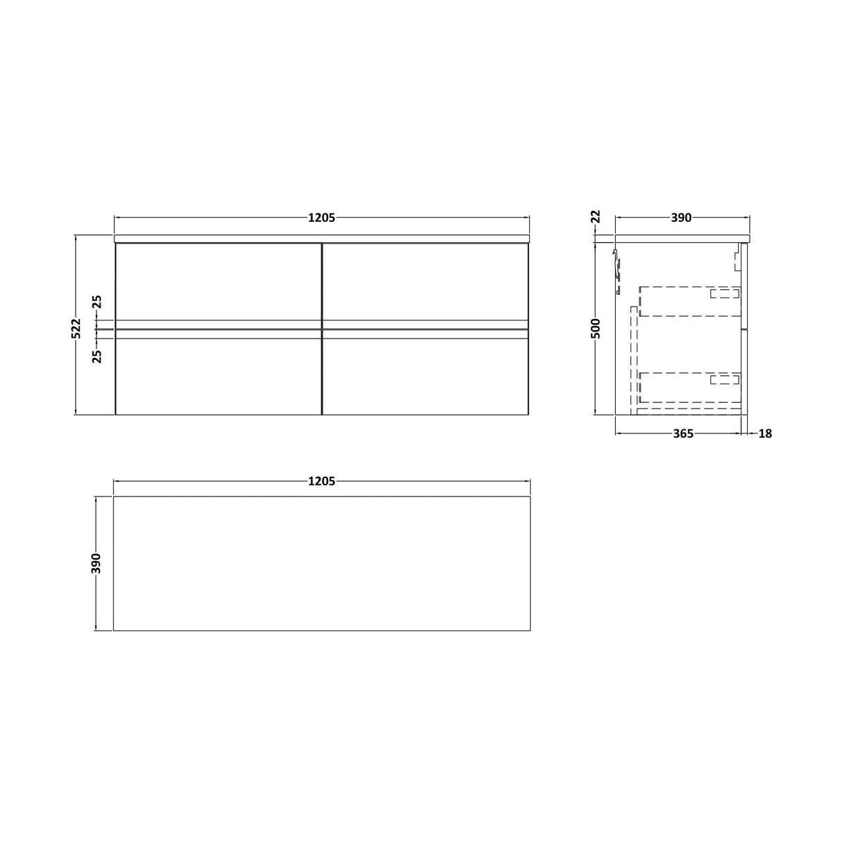[BFRA304LCM2] Mavesyn Contemporary 4 Drawer Wall Hung Vanity Unit with Laminate Worktop, Dark Blue, 1200mm - Technical Drawing