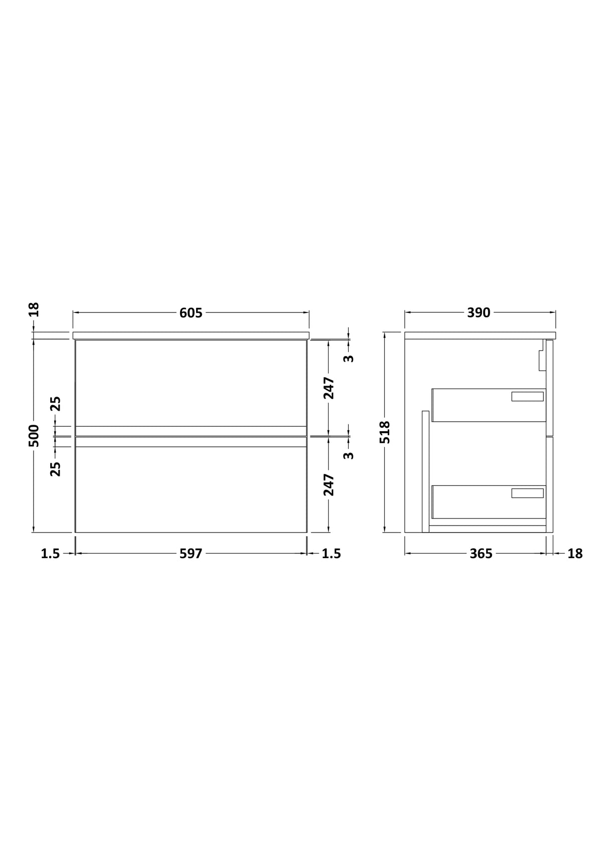 [BFRA304W] Mavesyn Contemporary 2 Drawer Wall Hung Vanity Unit with Worktop - Choice of Size and Colour - Technical Drawing