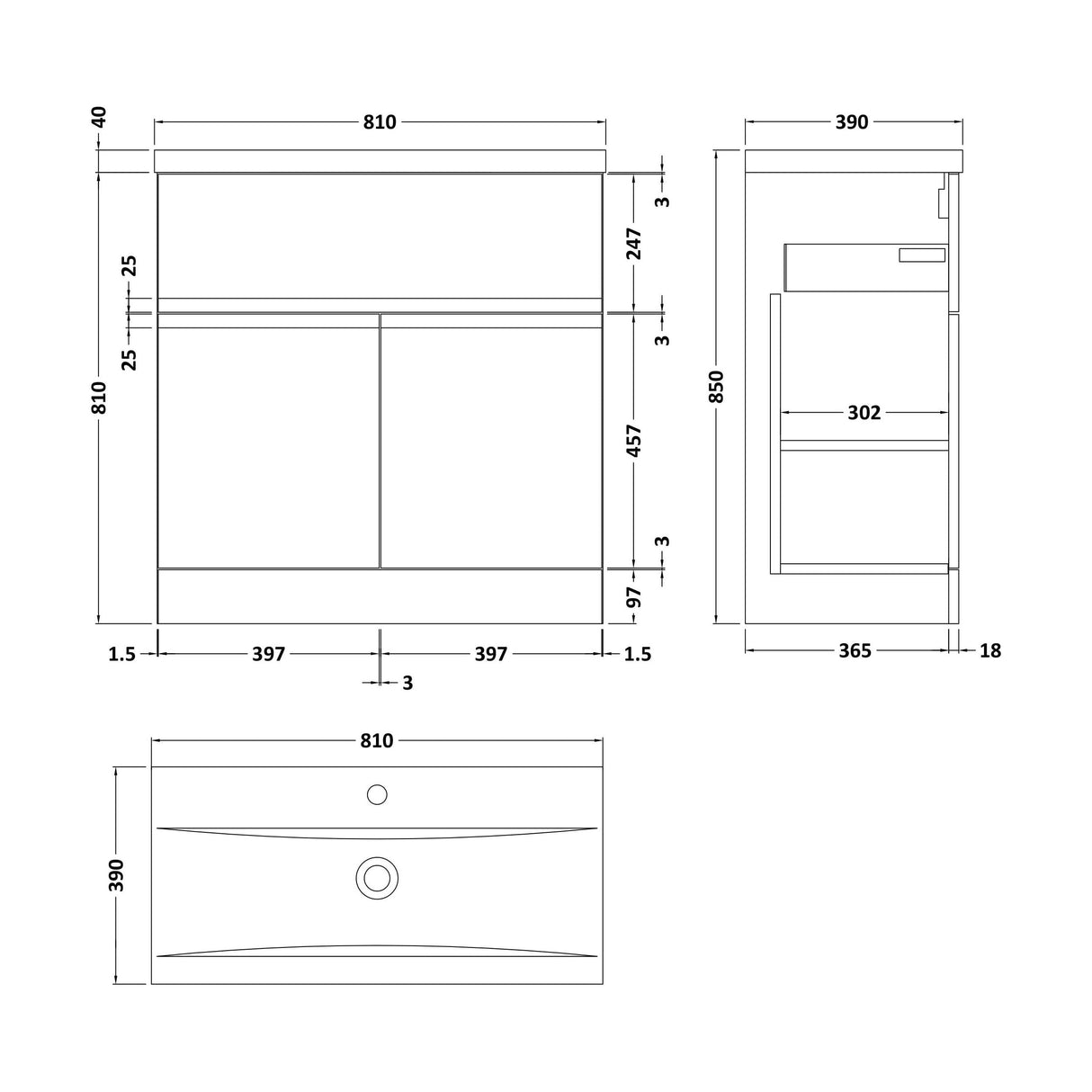 [BFRA305A] Mavesyn Contemporary 2 Door 1 Drawer Floor Standing Vanity Unit with Mid-Edge Basin, Dark Blue, 800mm - Technical Drawing