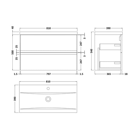 [BFRA306A] Mavesyn Contemporary 2 Drawer Wall Hung Vanity Unit with Mid-Edge Basin, Dark Blue, 800mm - Technical Drawing