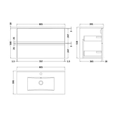 [BFRA306B] Mavesyn Contemporary 2 Drawer Wall Hung Vanity Unit with Minimalist Basin, Dark Blue, 800mm - Technical Drawing