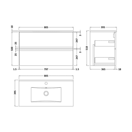 [BFRA306B] Mavesyn Contemporary 2 Drawer Wall Hung Vanity Unit with Minimalist Basin, Dark Blue, 800mm - Technical Drawing