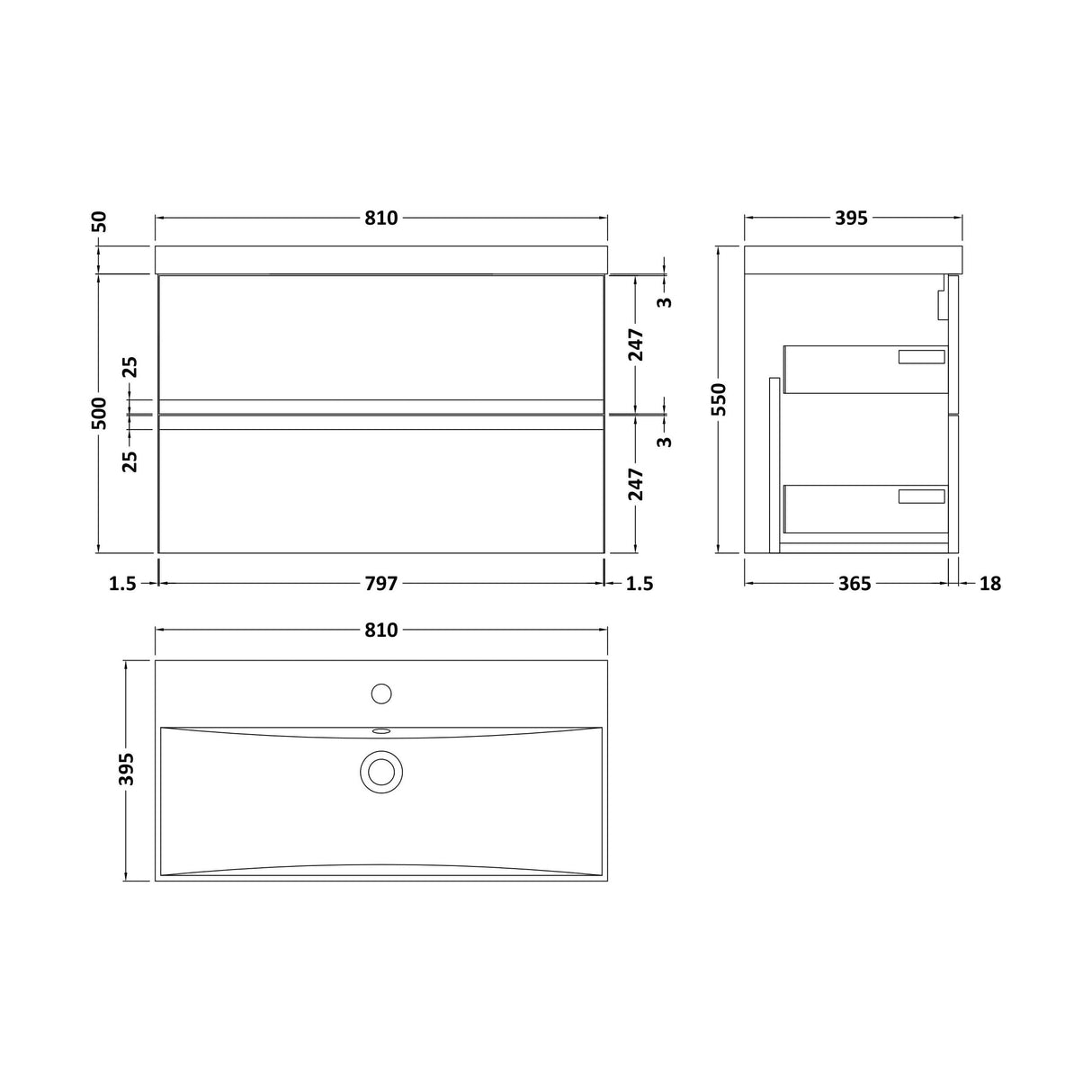 [BFRA306D] Mavesyn Contemporary 2 Drawer Wall Hung Vanity Unit with Thin Edge Basin, Dark Blue, 800mm - Technical Drawing